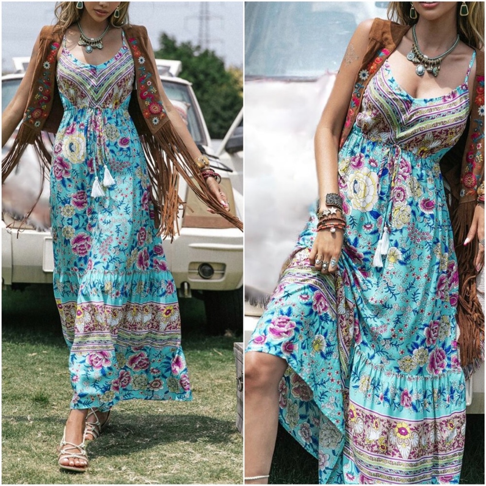 Boho Mint Blue Floral Print Cami Maxi Dress - Picture 3 of 4